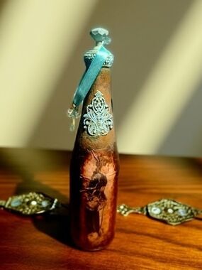 Decorative Vintage-Style Bottle with Teal Ribbon And Key